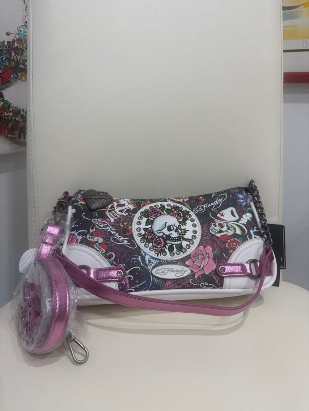 Ed Hardy Pink White Floral Skull Vegan Crossbody Bag with Metallic Accents